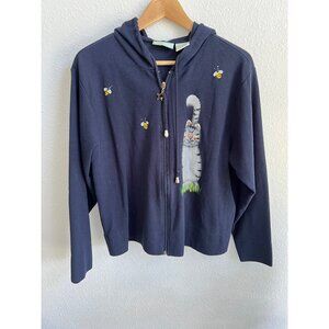 220 Hikory vintage cat and bee print zip-up sweater waffle knit size MEDIUM